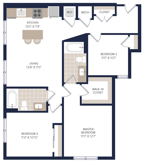 Floor plan for 3 beds, 2 baths, 1046 sqft